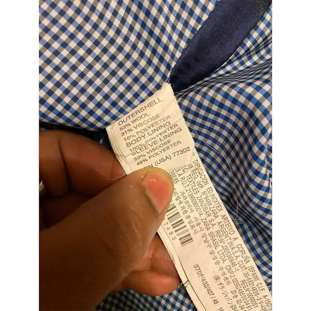 Zara Men's Black Check Slim Fit Blazer Size Small Formal Single-Breasted